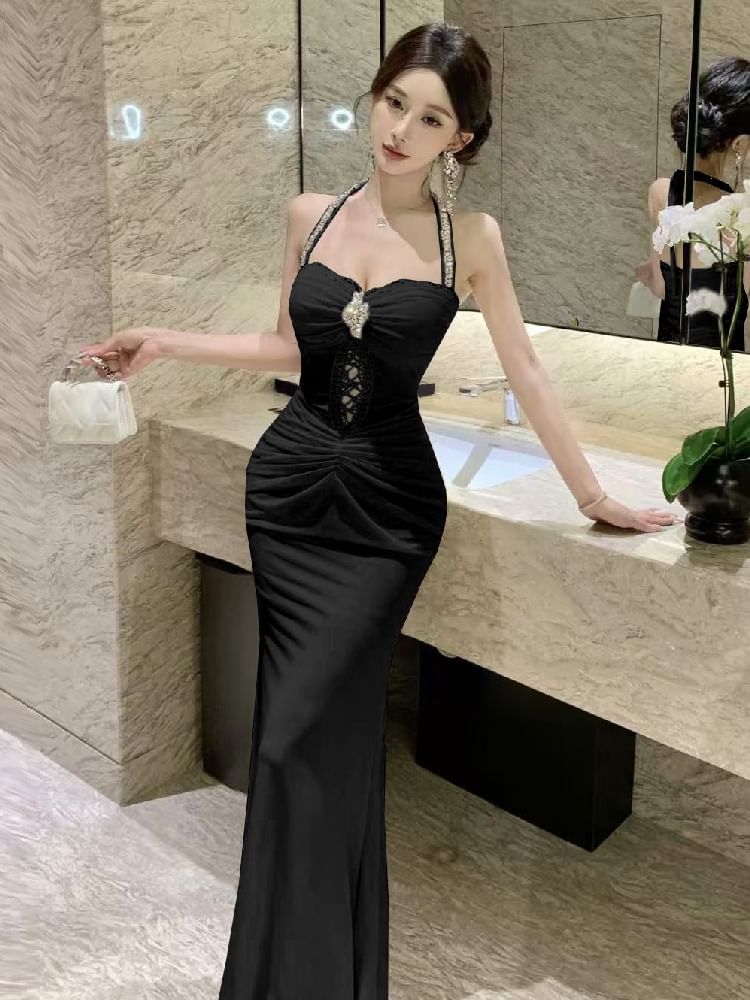 Halter Plain Rhinestone Ruched Panel Sheath Evening Dress