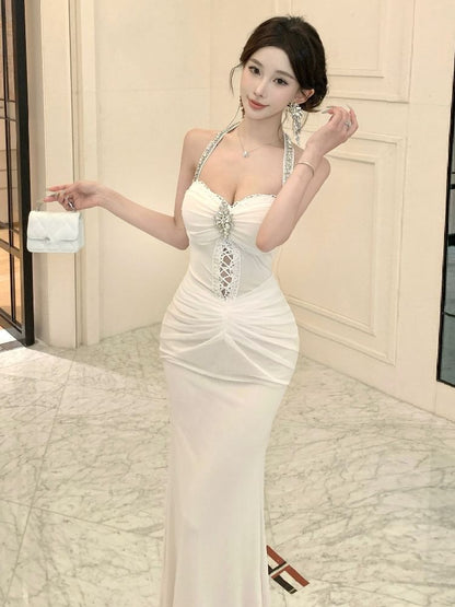 Halter Plain Rhinestone Ruched Panel Sheath Evening Dress