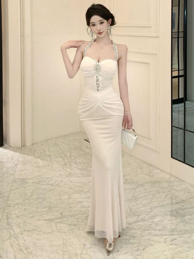 Halter Plain Rhinestone Ruched Panel Sheath Evening Dress