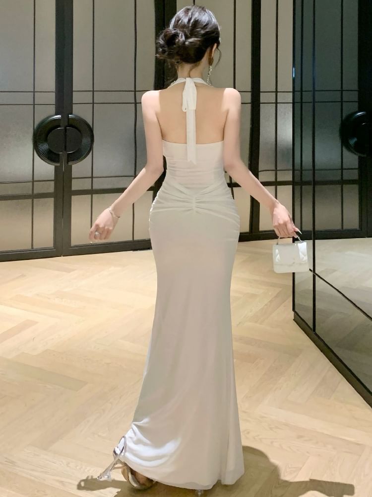 Halter Plain Rhinestone Ruched Panel Sheath Evening Dress
