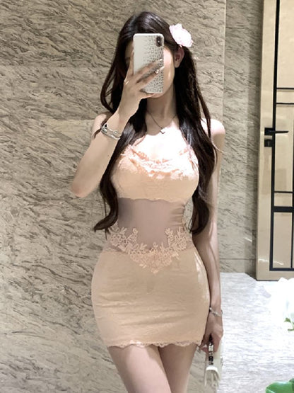 Spaghetti Strap Plain Mesh Panel Lace Mini Sheath Dress