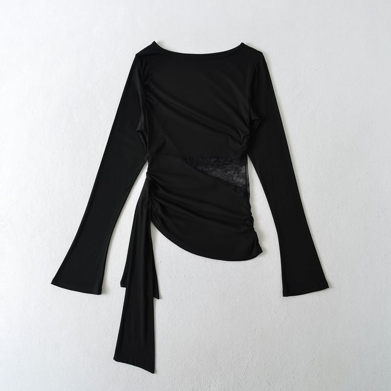 Boat Neck Asymmetrical Panel Lace Top