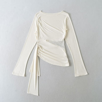 Boat Neck Asymmetrical Panel Lace Top