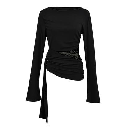 Boat Neck Asymmetrical Panel Lace Top