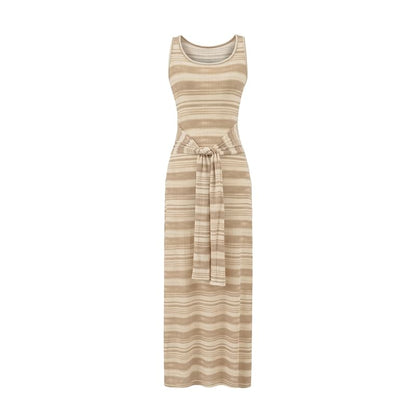 A-Line Striped Neck Tie-Up Dress Maxi Scoop Tank