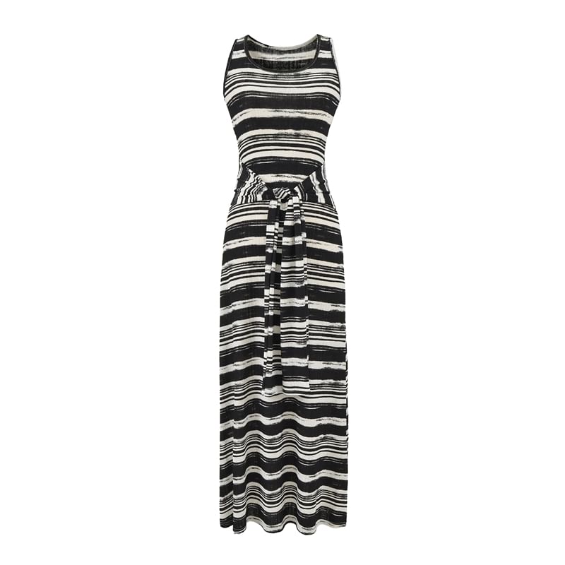 A-Line Striped Neck Tie-Up Dress Maxi Scoop Tank
