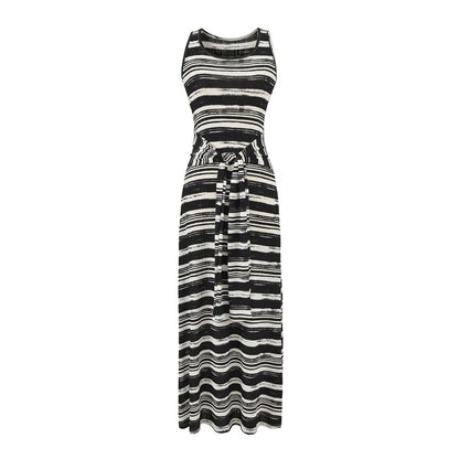 A-Line Striped Neck Tie-Up Dress Maxi Scoop Tank