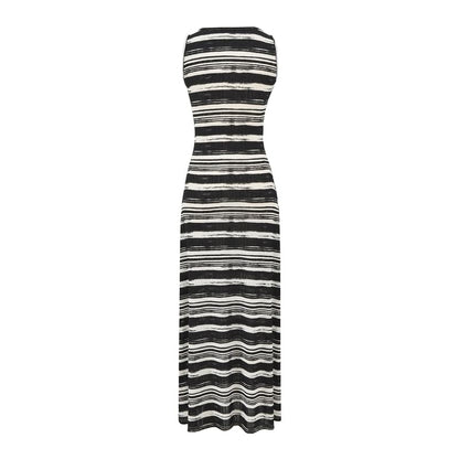 A-Line Striped Neck Tie-Up Dress Maxi Scoop Tank