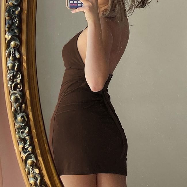 Spaghetti Strap Plain Mini Sheath Dress / Plain Slit Panel Mesh Maxi A-Line Dress