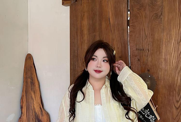 Plus Size Striped Lace Trim Oversized Shirt