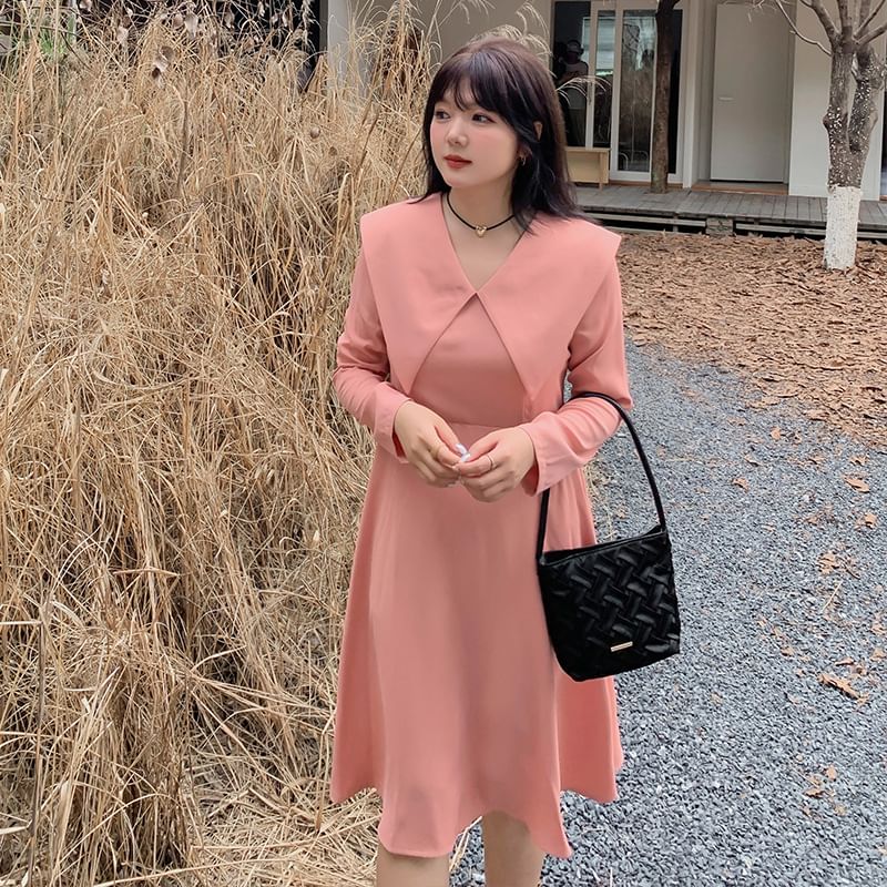 Plus Size Long-Sleeve Collared Plain Midi A-Line Dress
