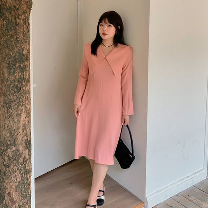 Plus Size Long-Sleeve Collared Plain Midi A-Line Dress