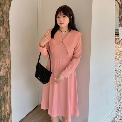 Plus Size Long-Sleeve Collared Plain Midi A-Line Dress