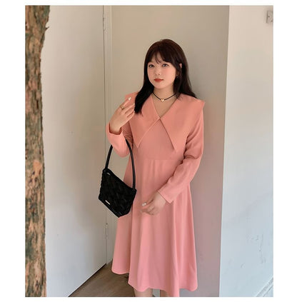 Plus Size Long-Sleeve Collared Plain Midi A-Line Dress