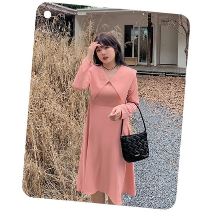 Plus Size Long-Sleeve Collared Plain Midi A-Line Dress