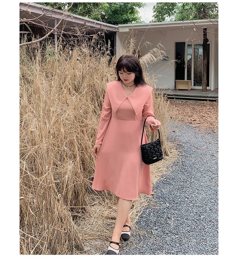 Plus Size Long-Sleeve Collared Plain Midi A-Line Dress