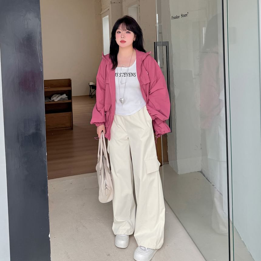 Plus Size High Rise Plain Wide Leg Cargo Pants