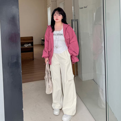 Plus Size High Rise Plain Wide Leg Cargo Pants