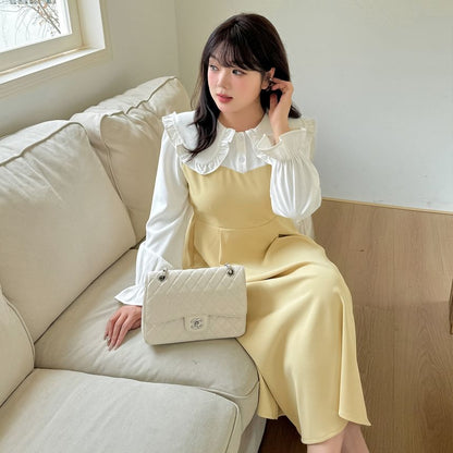 Plus Size Mock Two-Piece Puff-Sleeve Two-Tone Midi A-Line Dress