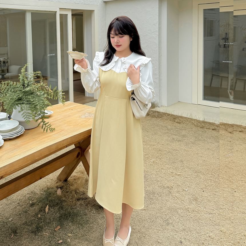 Plus Size Mock Two-Piece Puff-Sleeve Two-Tone Midi A-Line Dress