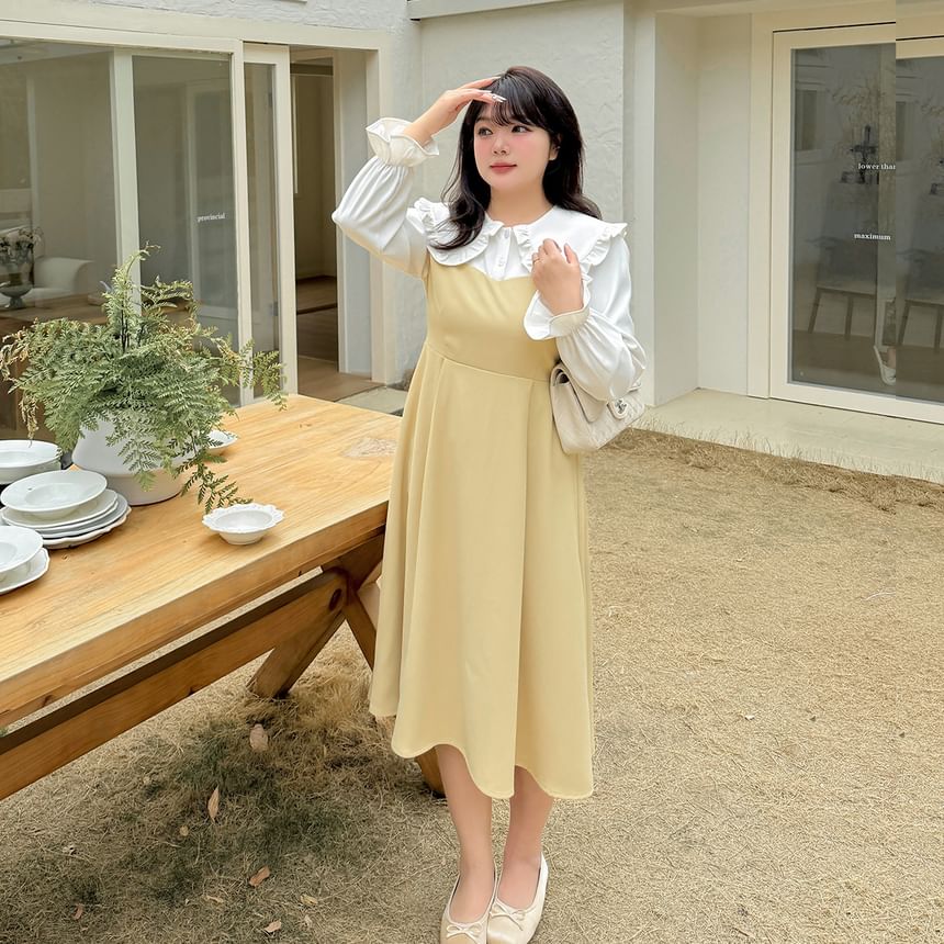 Plus Size Mock Two-Piece Puff-Sleeve Two-Tone Midi A-Line Dress