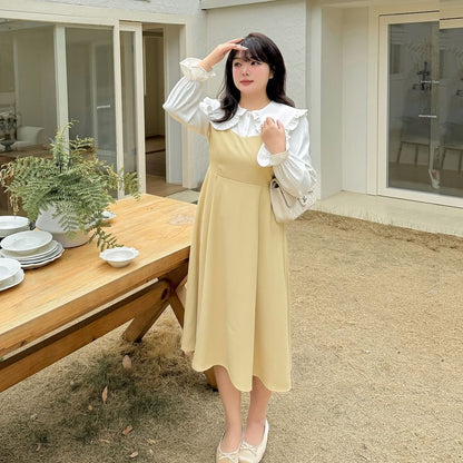 Plus Size Mock Two-Piece Puff-Sleeve Two-Tone Midi A-Line Dress