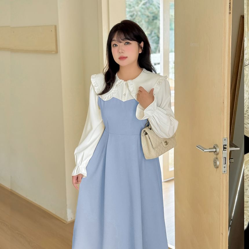 Plus Size Mock Two-Piece Puff-Sleeve Two-Tone Midi A-Line Dress