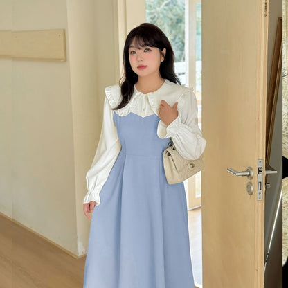 Plus Size Mock Two-Piece Puff-Sleeve Two-Tone Midi A-Line Dress