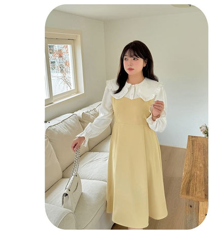 Plus Size Mock Two-Piece Puff-Sleeve Two-Tone Midi A-Line Dress