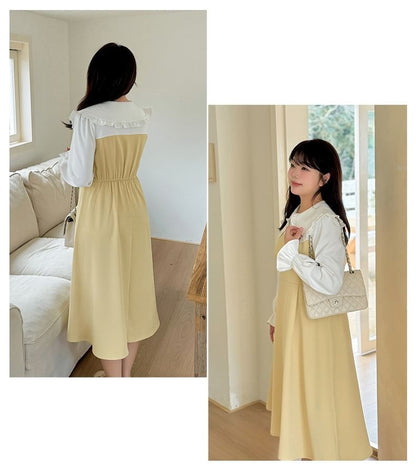 Plus Size Mock Two-Piece Puff-Sleeve Two-Tone Midi A-Line Dress