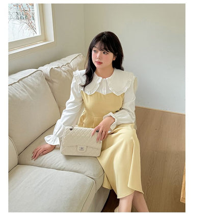 Plus Size Mock Two-Piece Puff-Sleeve Two-Tone Midi A-Line Dress