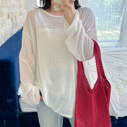 Plus Size Long Sleeve Round Neck Open Back Plain Tee