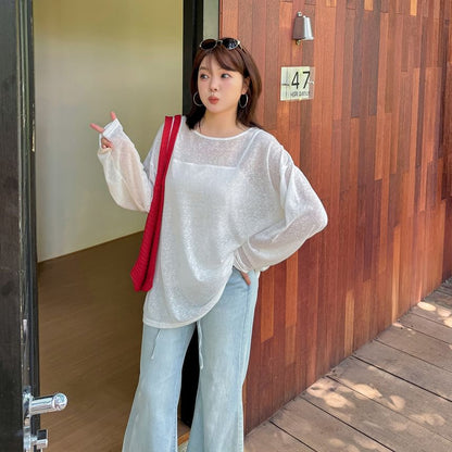 Plus Size Long Sleeve Round Neck Open Back Plain Tee