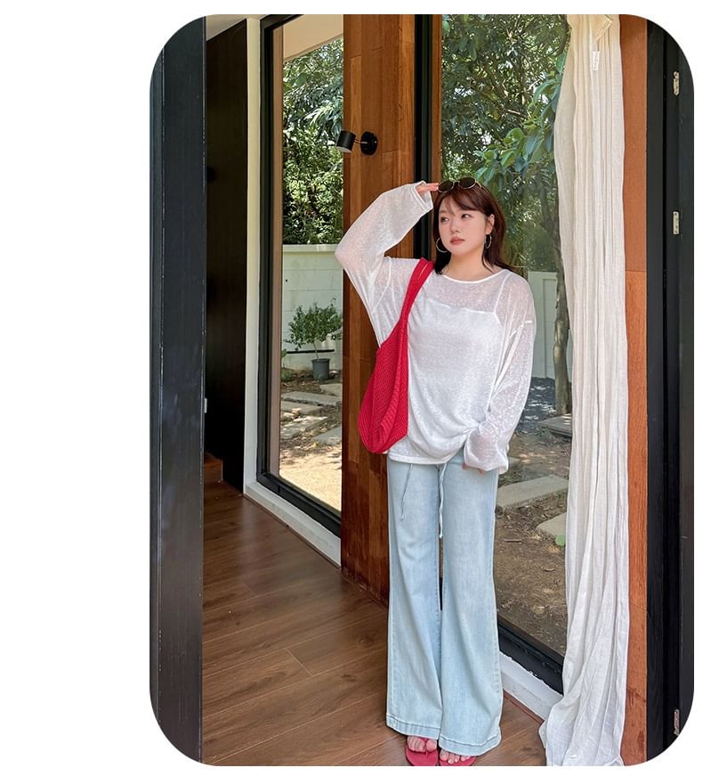 Plus Size Long Sleeve Round Neck Open Back Plain Tee