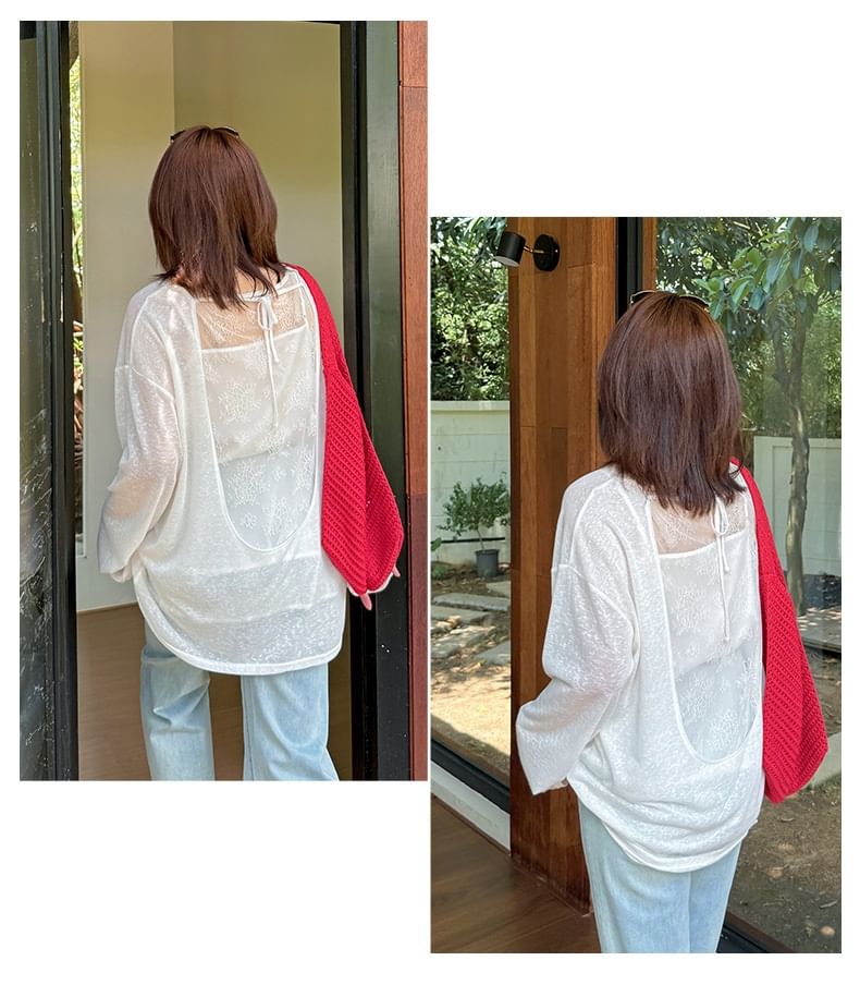 Plus Size Long Sleeve Round Neck Open Back Plain Tee