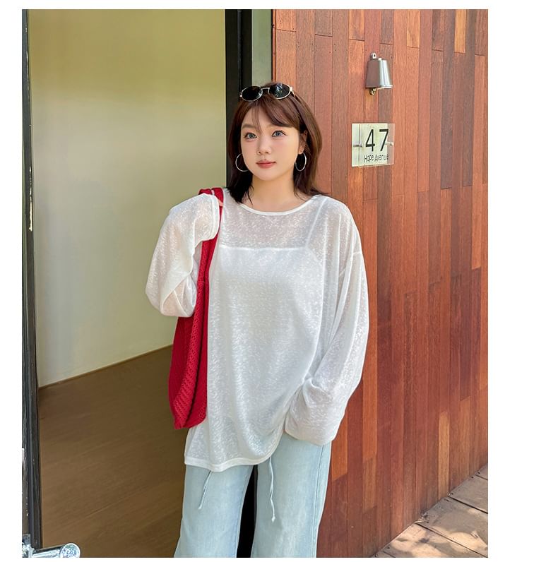 Plus Size Long Sleeve Round Neck Open Back Plain Tee