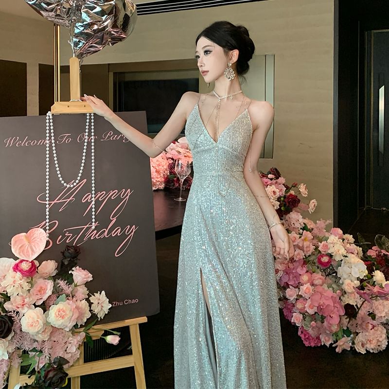 Spaghetti Strap V-Neck Plain Sequin Slit A-Line Evening Dress