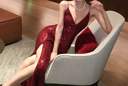 Spaghetti Strap V-Neck Plain Sequin Slit A-Line Evening Dress