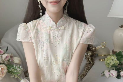 Mock Two-Piece Short-Sleeve Floral Midi A-Line Qipao