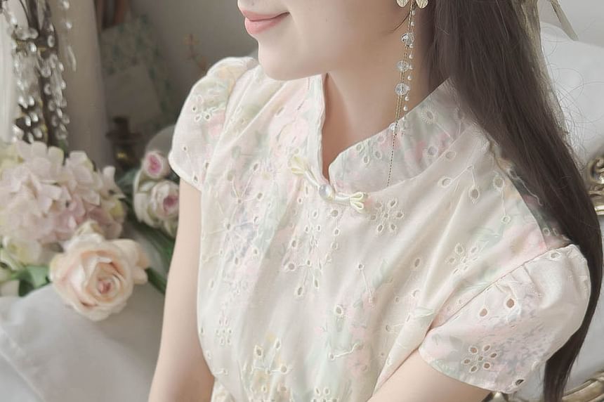 Mock Two-Piece Short-Sleeve Floral Midi A-Line Qipao