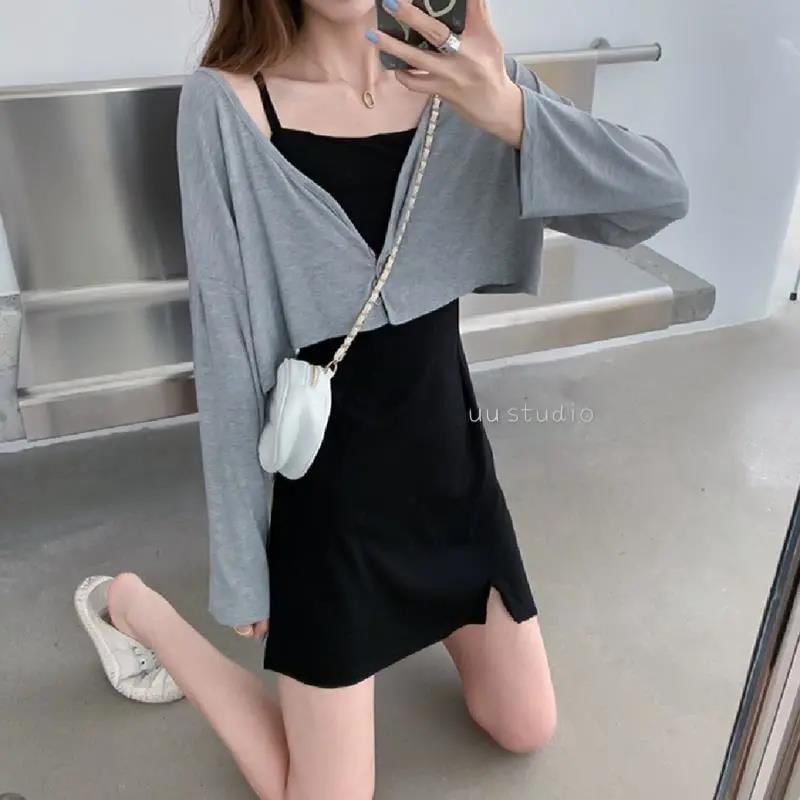 Set: Spaghetti Strap Plain Slit Mini A-Line Dress + Crop Cardigan