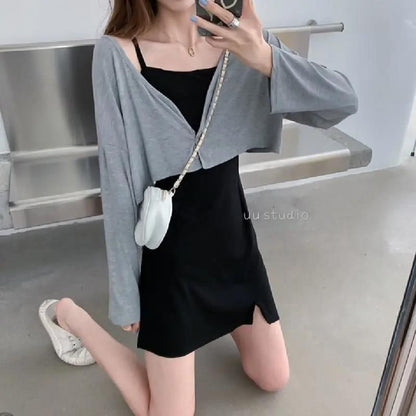 Set: Spaghetti Strap Plain Slit Mini A-Line Dress + Crop Cardigan