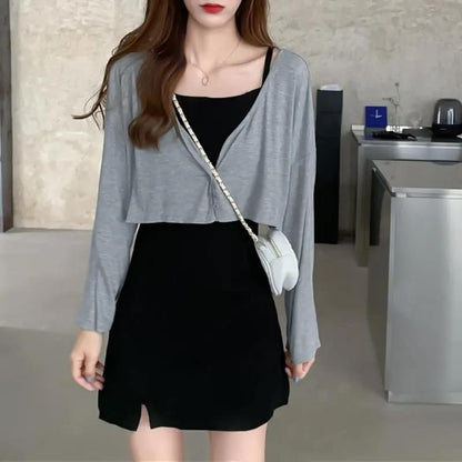 Set: Spaghetti Strap Plain Slit Mini A-Line Dress + Crop Cardigan