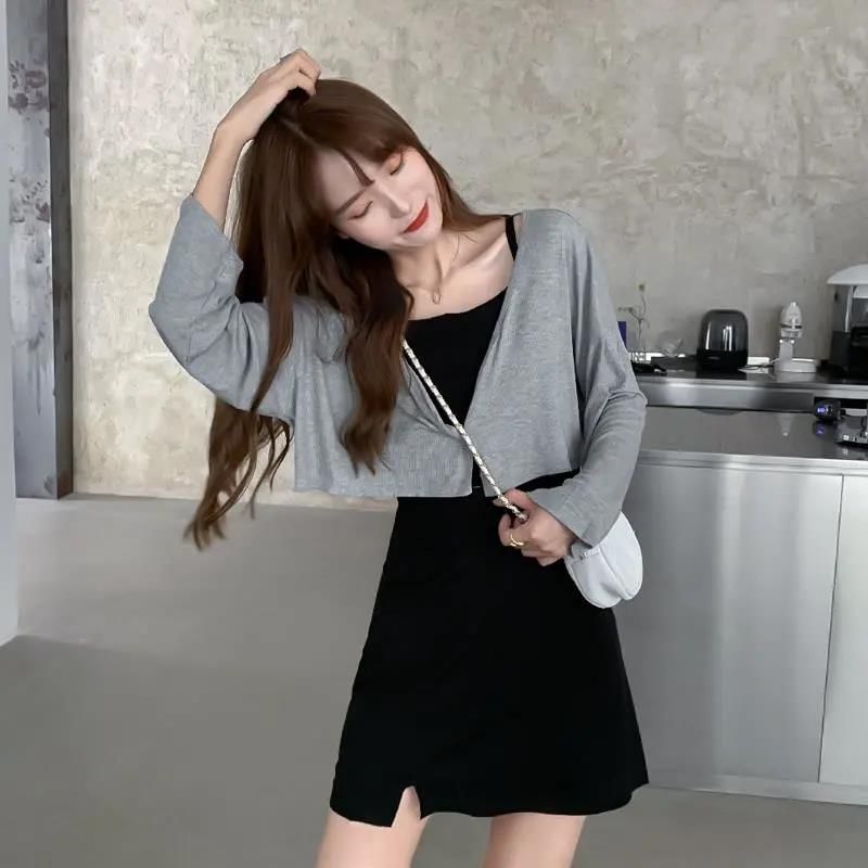 Set: Spaghetti Strap Plain Slit Mini A-Line Dress + Crop Cardigan