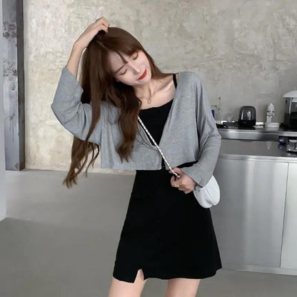 Set: Spaghetti Strap Plain Slit Mini A-Line Dress + Crop Cardigan
