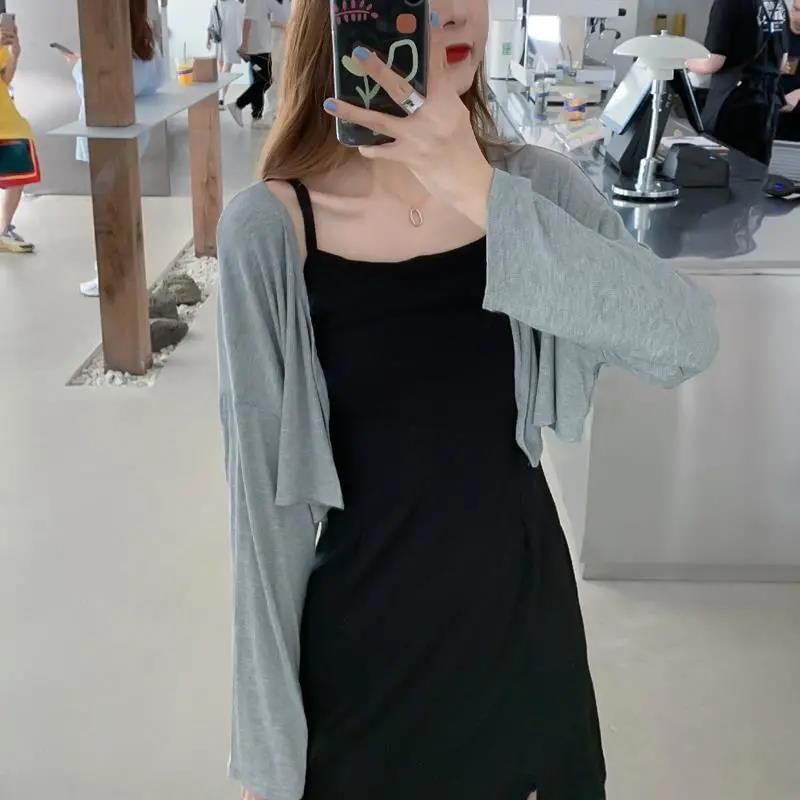 Set: Spaghetti Strap Plain Slit Mini A-Line Dress + Crop Cardigan