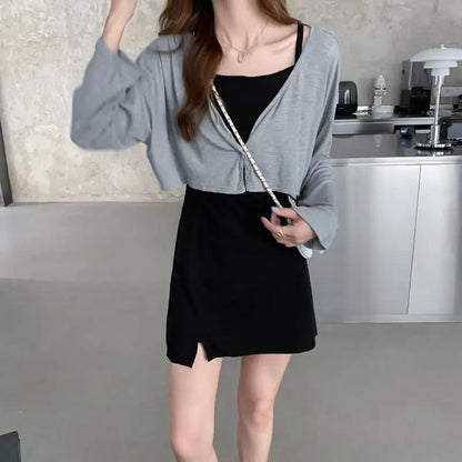 Set: Spaghetti Strap Plain Slit Mini A-Line Dress + Crop Cardigan