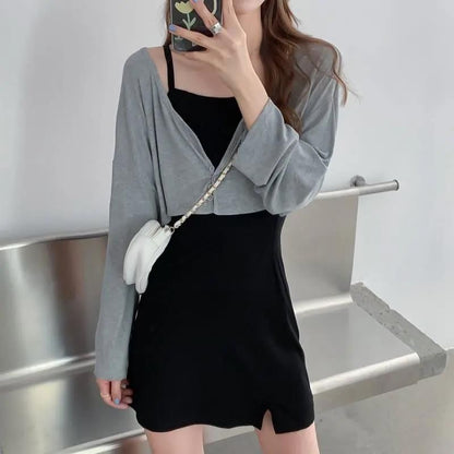 Set: Spaghetti Strap Plain Slit Mini A-Line Dress + Crop Cardigan