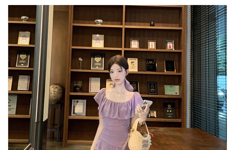 Neck Plain Midi Cap-Sleeve A-Line Trim Dress Ruffle Square