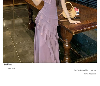 Neck Plain Midi Cap-Sleeve A-Line Trim Dress Ruffle Square
